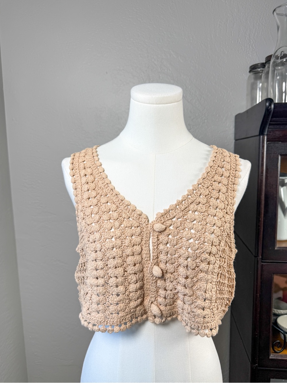 Julia by Love J Crochet Vest Beige Boho Cotton Button Front Festival Size L